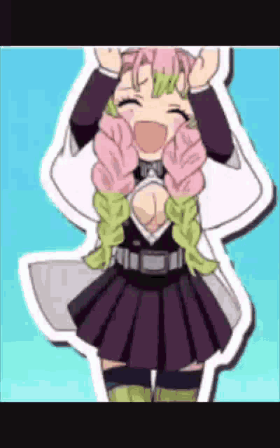 a cartoon girl with pink hair is making a funny face while holding her hands in the air .