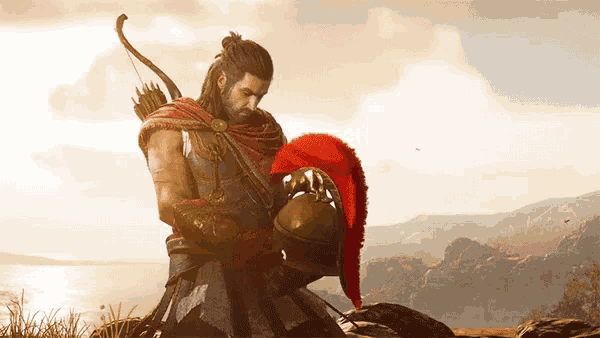 a man with a bow and arrow is holding a helmet in front of a body of water