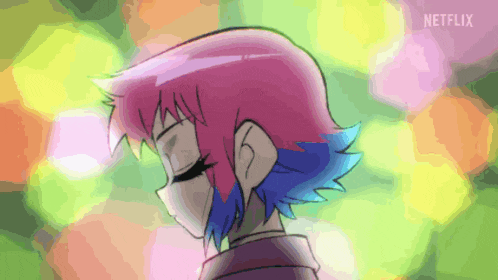 a cartoon character with pink and blue hair and the word netflix on the bottom right