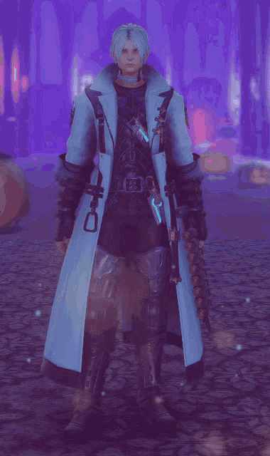 a man in a white coat is standing in a purple room