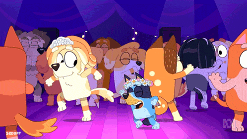 a group of cartoon animals are dancing in a purple room with the letters abc on the bottom right