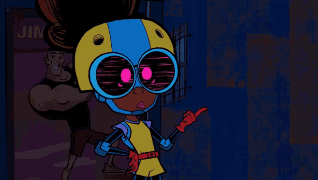 a cartoon character wearing a helmet and sunglasses stands in front of a sign that says jimi