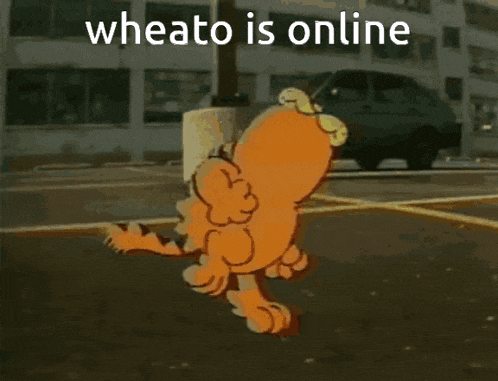 a cartoon character is walking in a parking lot with the words wheato is online above him