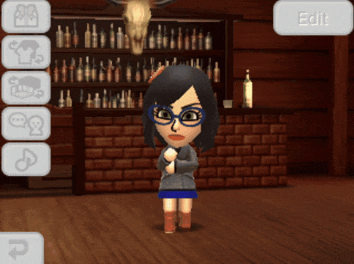 a girl with glasses is standing in front of a bar and a button that says " edit "