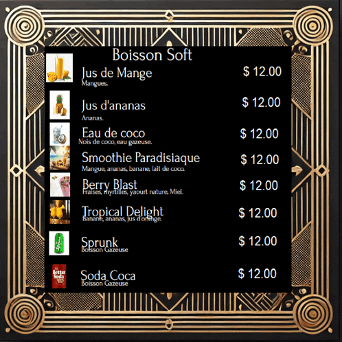 a menu for boisson soft includes smoothie paradisiaque berry blast tropical delight and sprunk