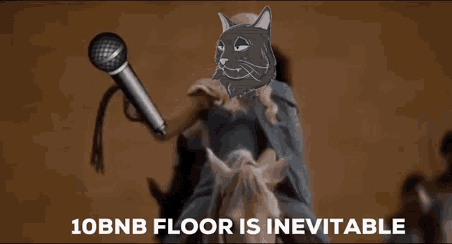 a cat flying over a microphone with the words 10bnb floor is inevitable