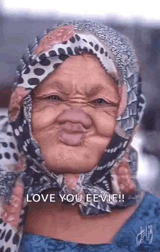 an older woman wearing a scarf around her head is making a funny face .