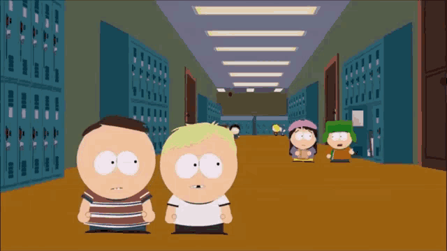 a group of cartoon characters are standing in a hallway with lockers