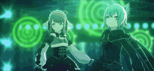 two anime girls are standing next to each other in a dark room .