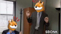 a man in a suit and tie has a dog head on his face and the word bonk is on the bottom