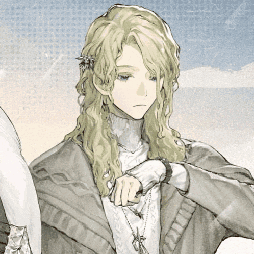 a drawing of a man with long blonde hair and a necklace