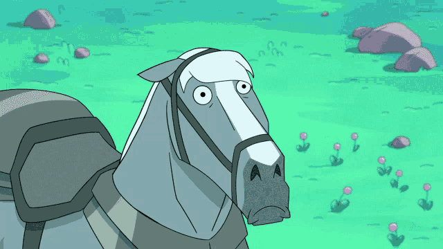 a cartoon horse with a saddle and a bridle