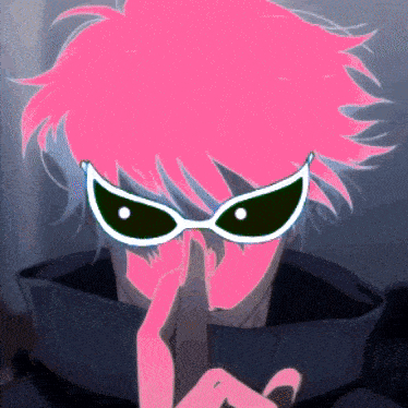 a cartoon character with pink hair and sunglasses covering his face