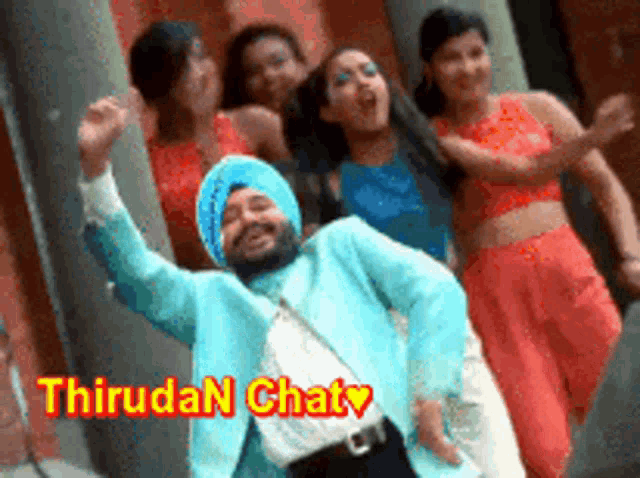 a group of women are dancing in front of a man in a turban and the words thirudan chaty