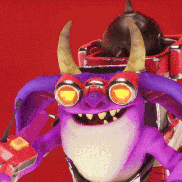 a purple monster with horns and goggles is standing in front of a red background