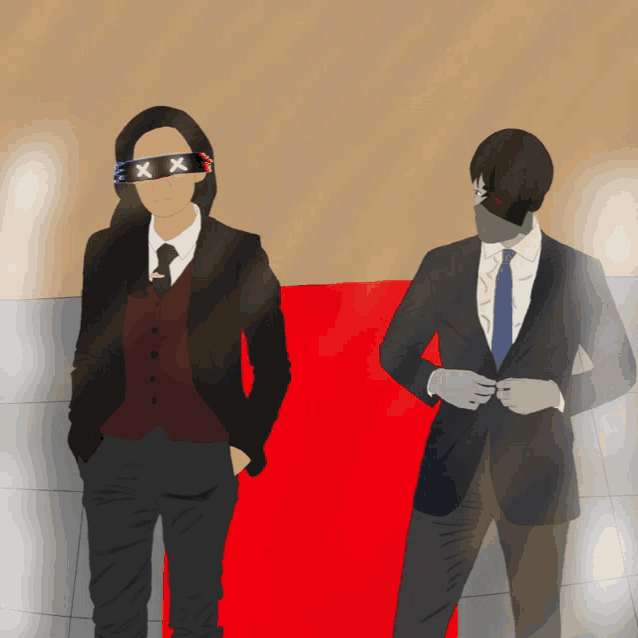 a man and a woman standing next to each other with one wearing sunglasses with x on them