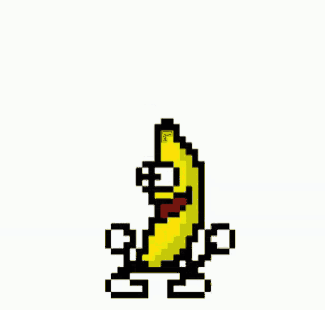 a pixel art drawing of a banana with arms and legs
