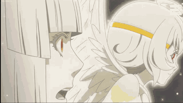 a couple of anime characters looking at each other with the letters nb on the bottom left