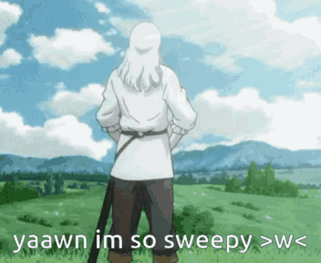 a man standing in a field with the words yaawn im so sweepy > w < on the bottom