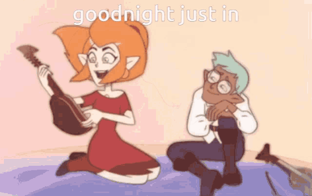 a cartoon of a girl playing a guitar and a boy playing a violin with the words goodnight just in above them