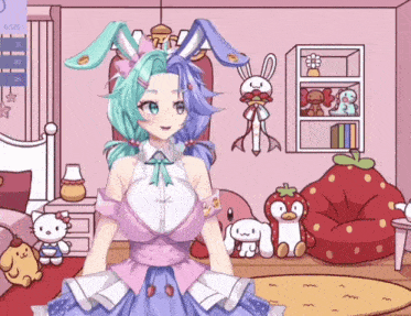a girl with bunny ears is standing in a bedroom
