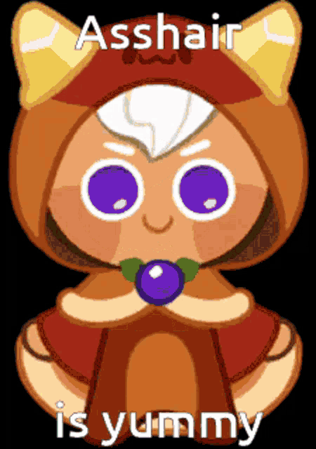 a cookie with purple eyes and the words asshair is yummy on it
