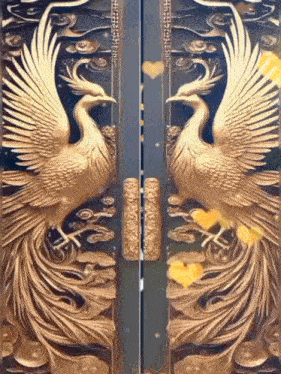 a painting of two birds on a door with hearts in the background .