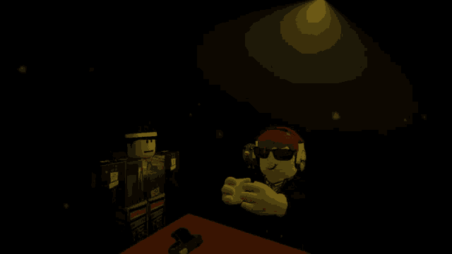 a cartoon character wearing headphones and sunglasses is standing in a dark room