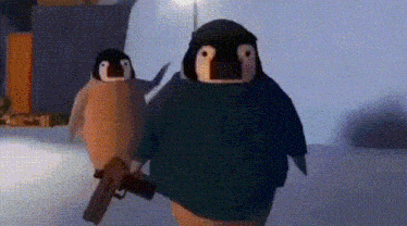 two penguins are standing next to each other holding guns .