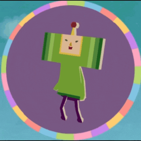 a cartoon character is standing in a colorful circle with a purple background