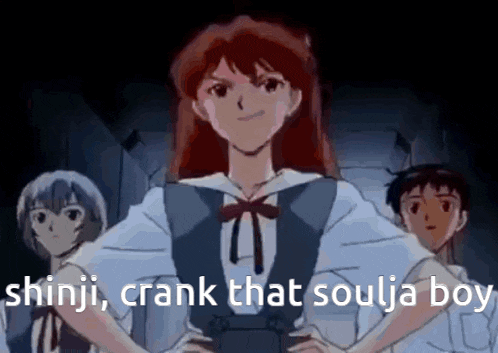 a group of anime characters standing next to each other with the words shinji crank that soulja boy written on the bottom
