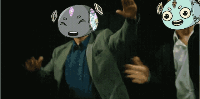 a man in a suit with a cartoon character on his head