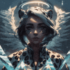 a girl with wings and a halo on her head is wearing a leopard print jacket