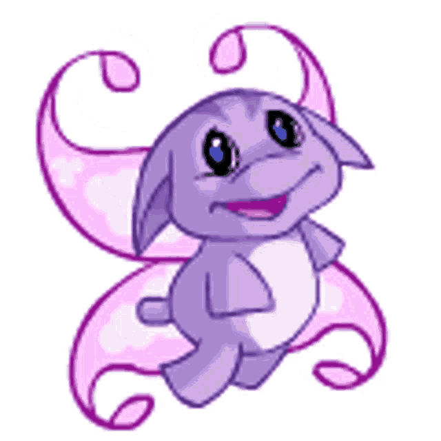 a purple cartoon character with pink wings is smiling and looking at the camera .