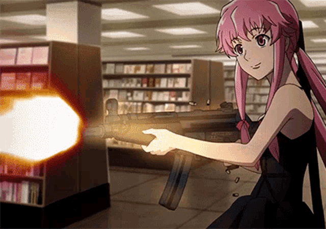 a girl with pink hair is holding a gun in a store