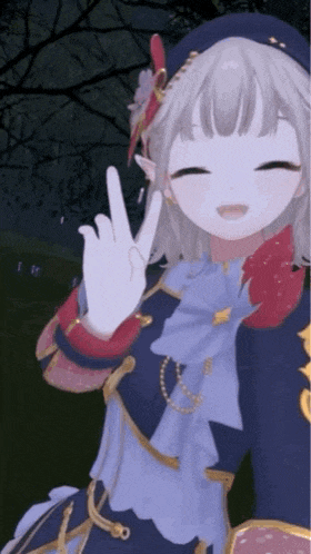a girl in a blue dress is giving a peace sign .