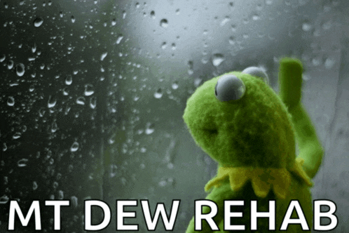 kermit the frog looking out a window with the words mt dew rehab