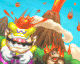a pixel art of wario and donkey kong fighting a volcano