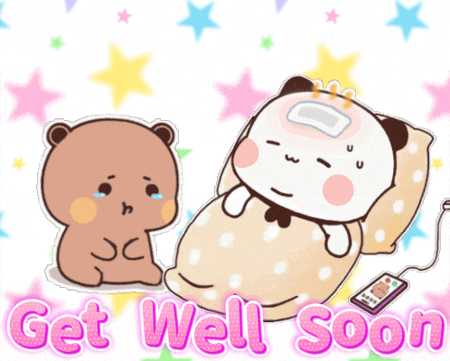 a card that says get well soon with a bear laying in a bed