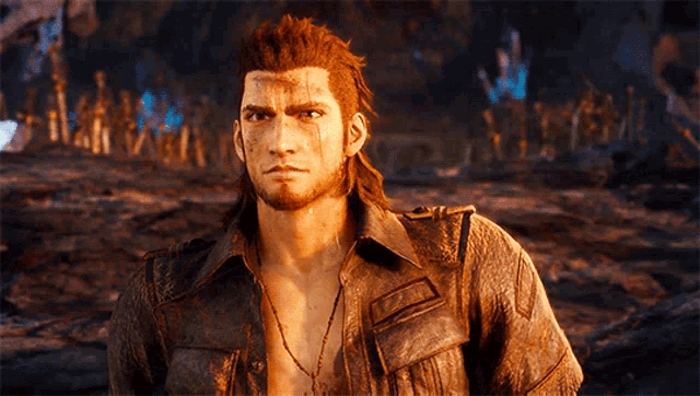 a man with a beard is wearing a leather shirt and a necklace