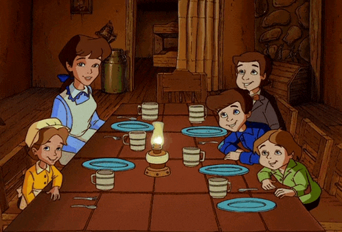 a cartoon of a family sitting at a table with plates and cups