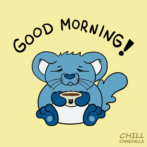 a cartoon of a chinchilla holding a cup of coffee with the words good morning written above it