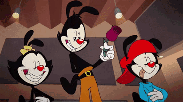three cartoon characters are smiling and one is holding a red rose
