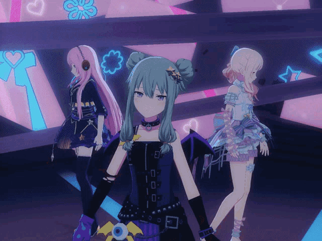 a group of anime girls standing next to each other with one wearing a choker