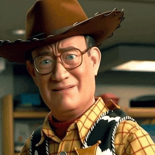 a man in a cowboy hat and vest from toy story is making a funny face .