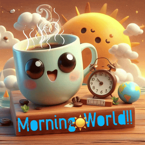 a cup of coffee sitting on top of a book titled morning world