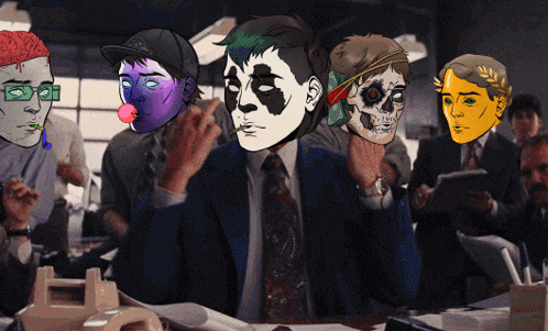 a group of cartoon characters are sitting around a table with one wearing a skull mask