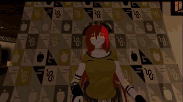 a girl with red hair is standing in front of a wall with snake and apple patterns