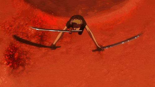 a pixelated image of a person holding a sword with a red background