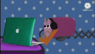 a cartoon character wearing headphones and a sad face is standing next to a book .